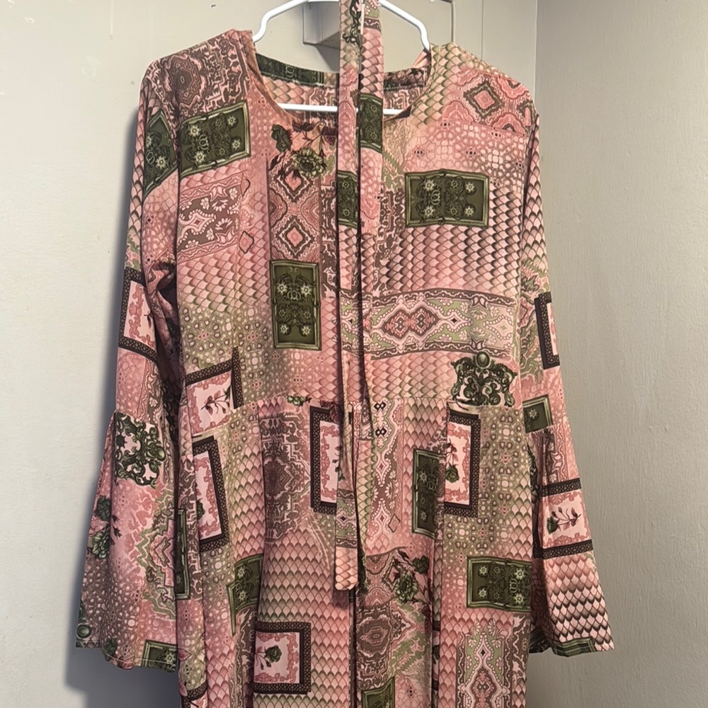 Pink and Green Patterned Long Sleeve Dress